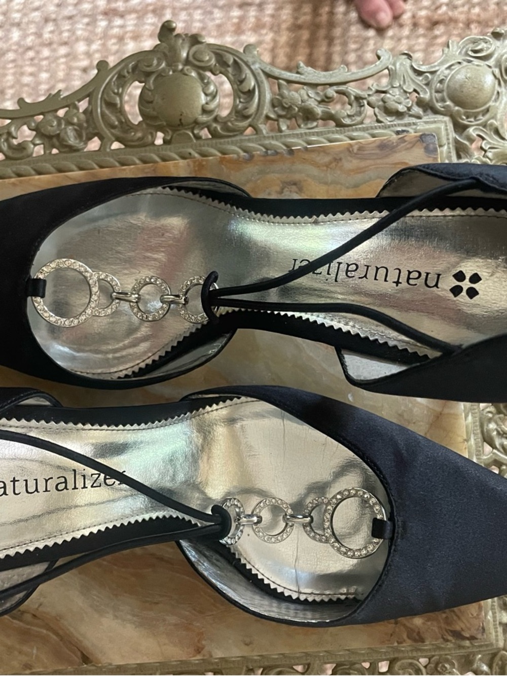 Naturalizer Pointed Black Satin Slingback Heels with gem details - Picture 2 of 9